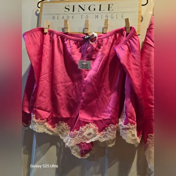 INC International Concepts Fuchsia Satin Lace Pajama Set - Picture 3 of 4